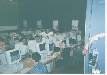The RoboCup 1999 Simulation League area being prepared in Stockholm