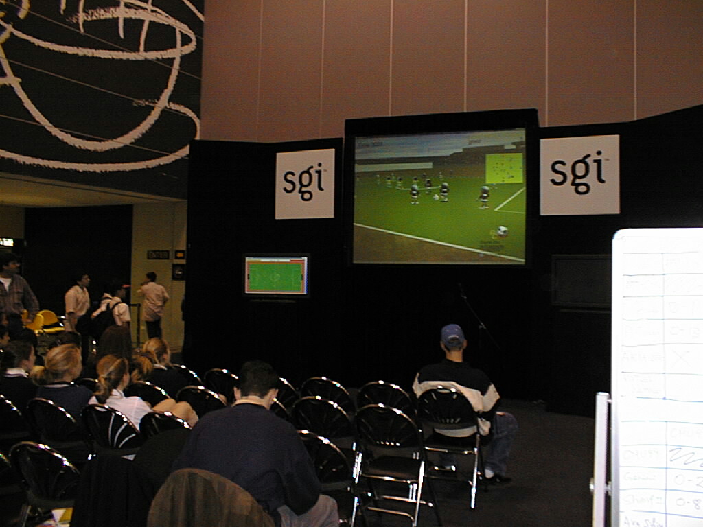 A RoboCup 2000 Simulation League match displayed on a large SGI screen in Melbourne