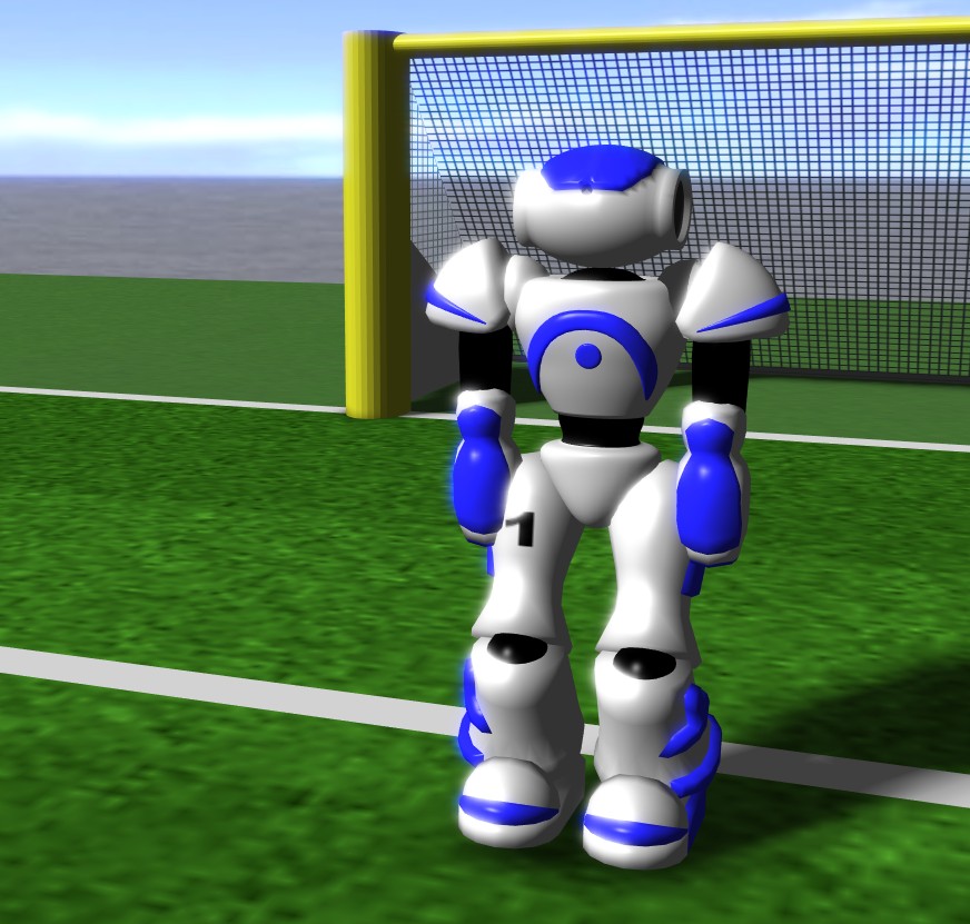 Simulated blue and white Nao robot standing in front of a goal