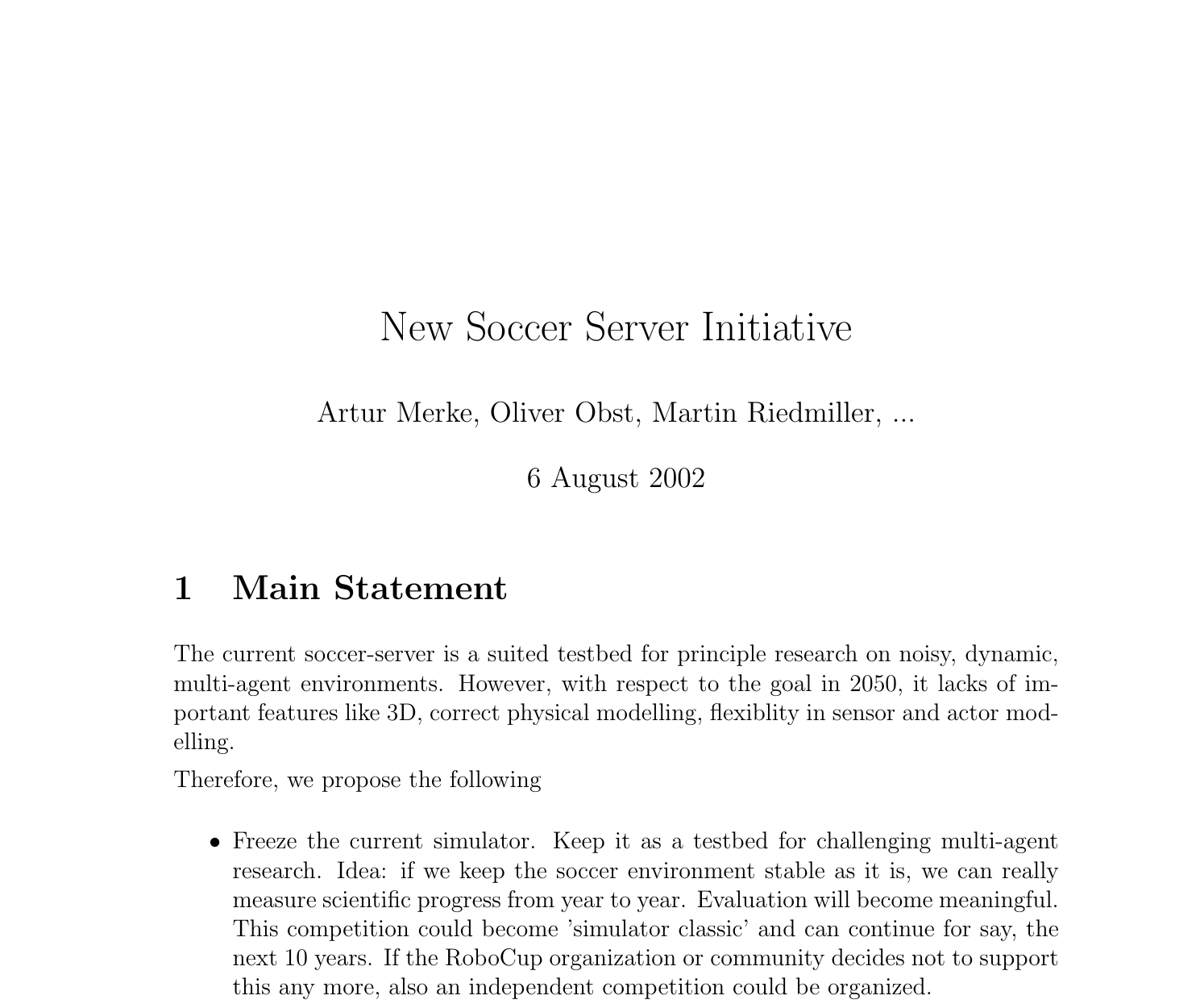 Title and opening statement of the 2002 New Soccer Server Initiative proposal